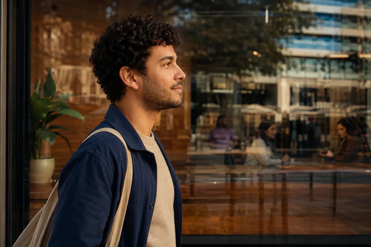 Homem brasileiro refletindo diante de uma cidade onde vive no exterior