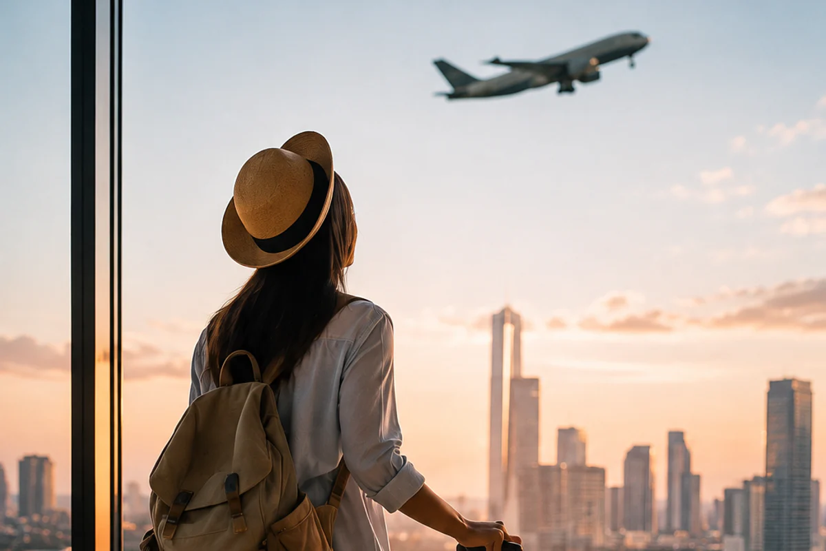 Viajante com mochila e mala observando um avião e uma cidade no exterior